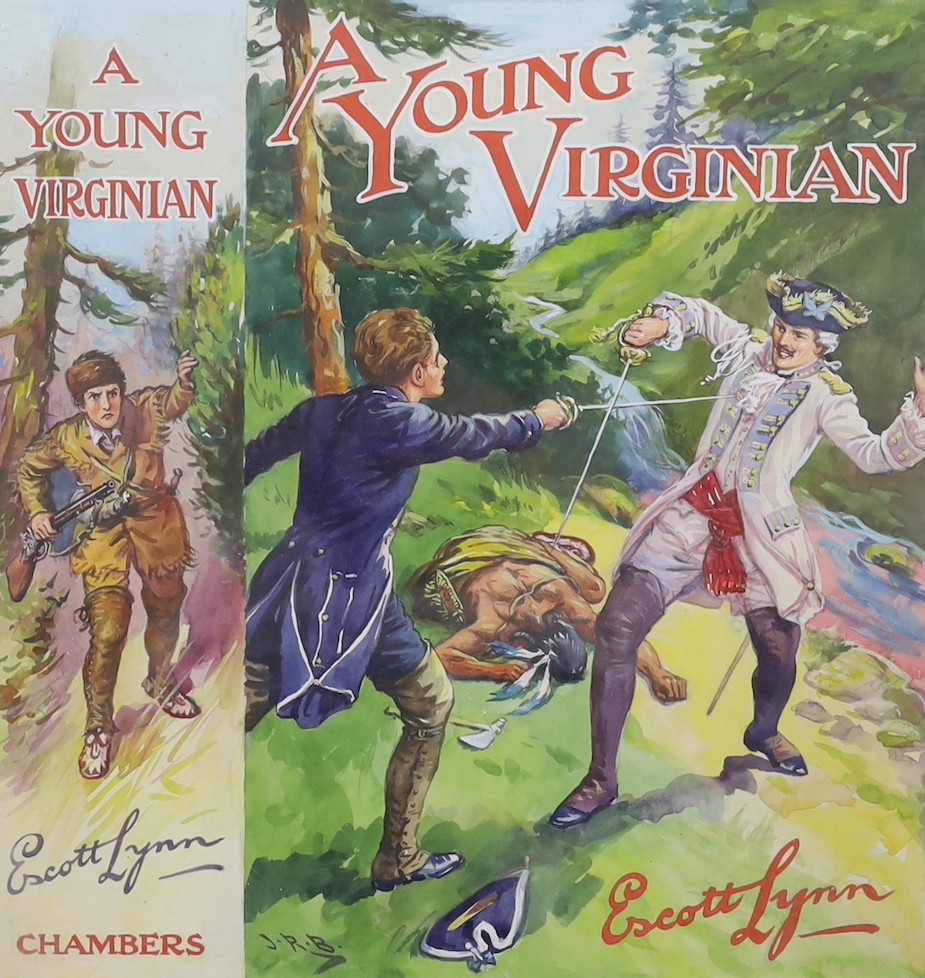 Original Artwork - John Riddle Burgess (1886-1966) - A set of four en grisaille illustrations for A Young Virginian, together with the original coloured artwork for the cover, by Escott Lynn, signed monograms, 28 x 21cms